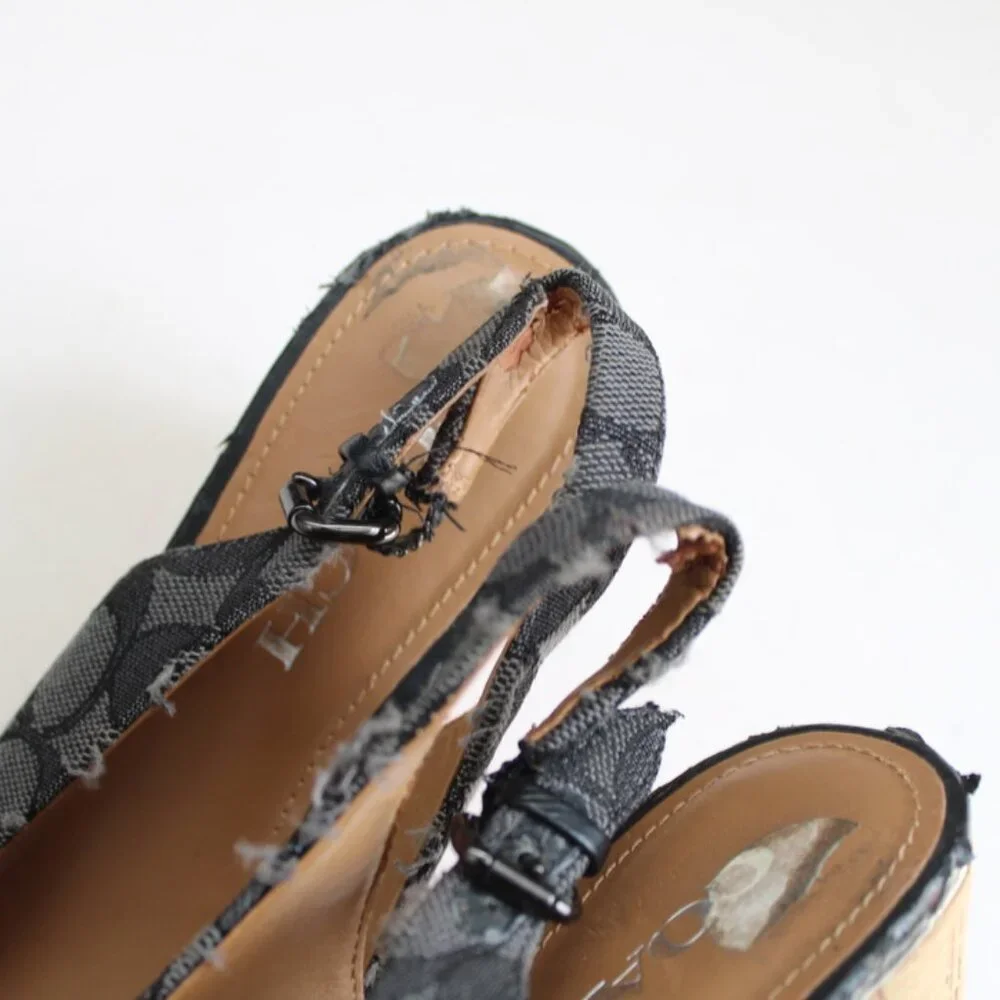 Coach Ferry Grey Logo Jacquard Tan Cork Wedge Slingback Sandal Heels Size 6.5 - Picture 7 of 8